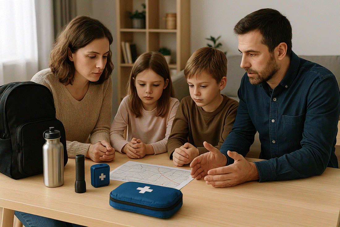 European family discussing emergency plan at home with 72-hour kit