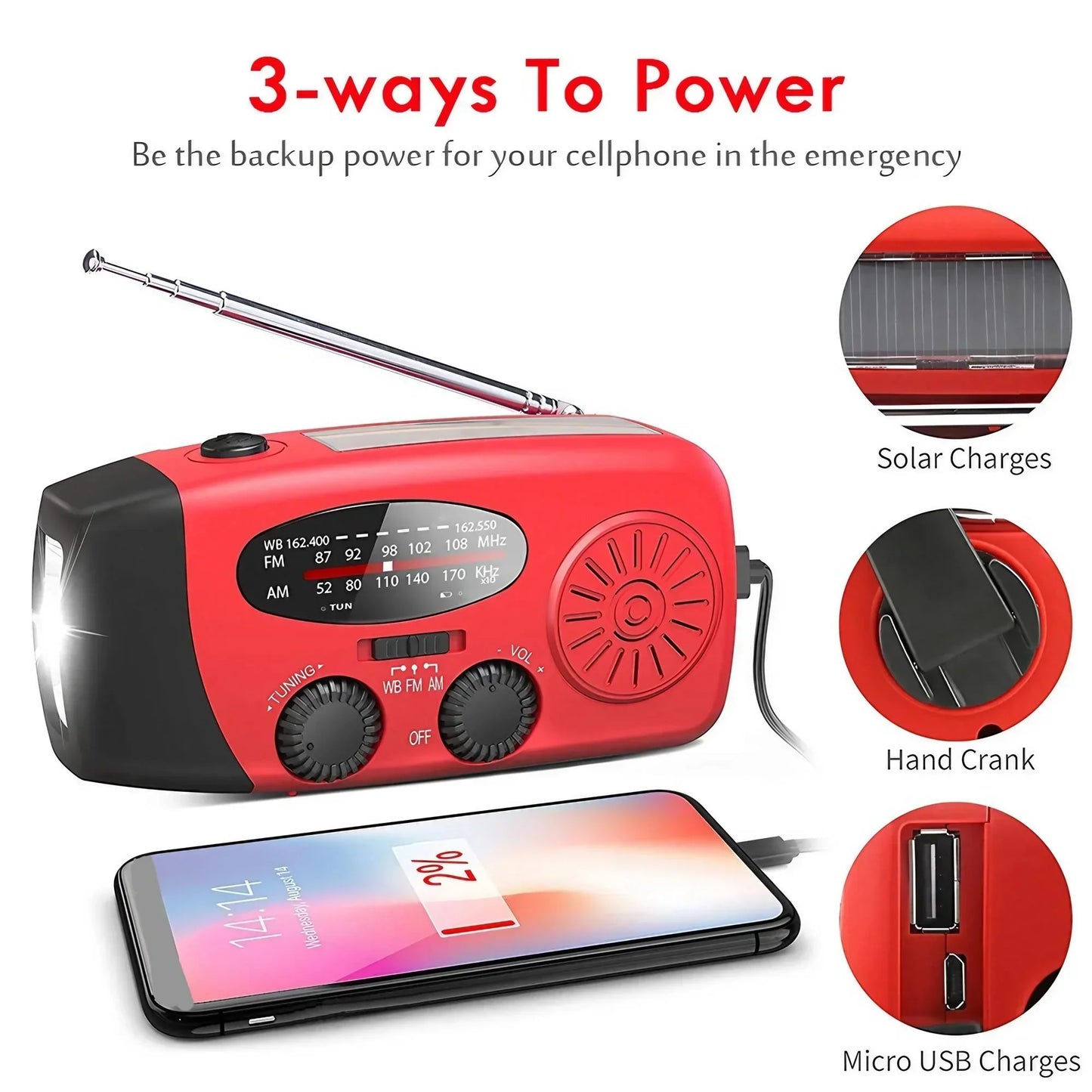 Radio d'urgence – Solaire, Manivelle, USB